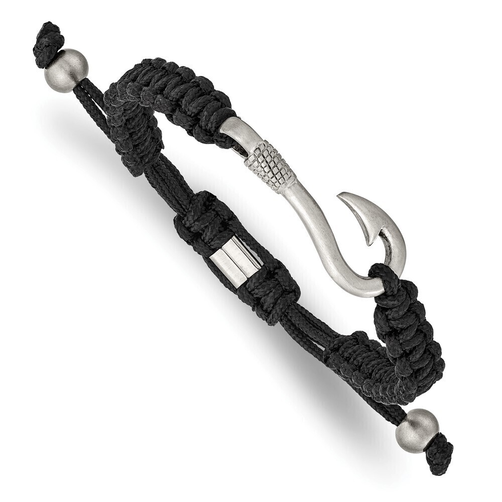 Kazi Luxury Stainless Steel Brushed Fishing Hook Black Nylon Adjustable Bracelet